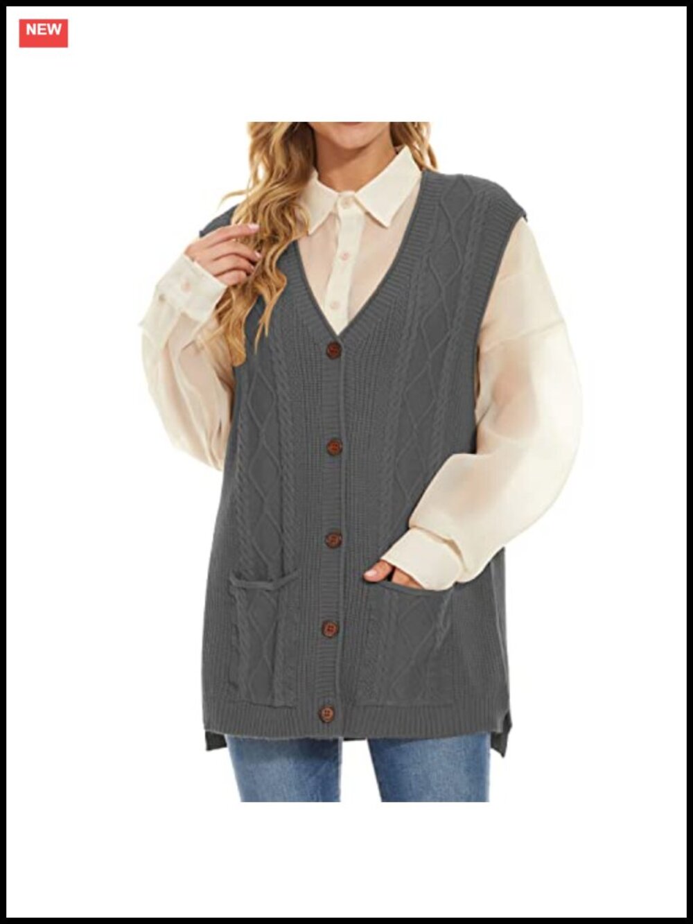 Womens Sleeveless Cable Knit Sweater Vest Button Cardigan Loose Fit